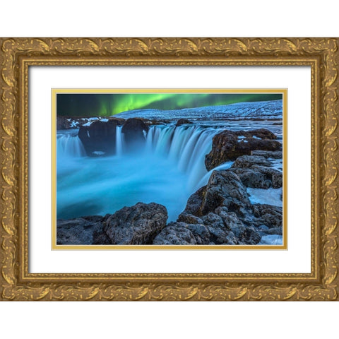 Iceland Aurora borealis and the Godafoss Waterfall Gold Ornate Wood Framed Art Print with Double Matting by Jaynes Gallery