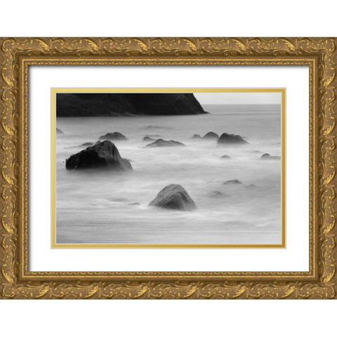 Basalt sea stacks in the ocean-Vik-Iceland Gold Ornate Wood Framed Art Print with Double Matting by Su, Keren