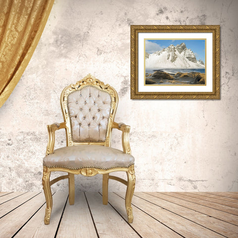 Coastal landscape with dunes at iconic Stokksnes during winter and stormy conditions Iceland Gold Ornate Wood Framed Art Print with Double Matting by Zwick, Martin