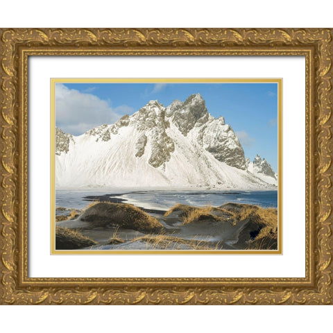 Coastal landscape with dunes at iconic Stokksnes during winter and stormy conditions Iceland Gold Ornate Wood Framed Art Print with Double Matting by Zwick, Martin