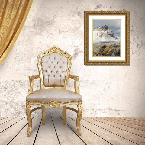 Coastal landscape with dunes at iconic Stokksnes during winter and stormy conditions Iceland Gold Ornate Wood Framed Art Print with Double Matting by Zwick, Martin