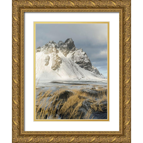 Coastal landscape with dunes at iconic Stokksnes during winter and stormy conditions Iceland Gold Ornate Wood Framed Art Print with Double Matting by Zwick, Martin