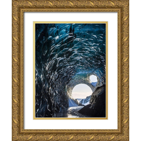Ice cave at the northern shore of glacial lagoon Jokulsarlon in glacier Breidamerkurjokull Gold Ornate Wood Framed Art Print with Double Matting by Zwick, Martin