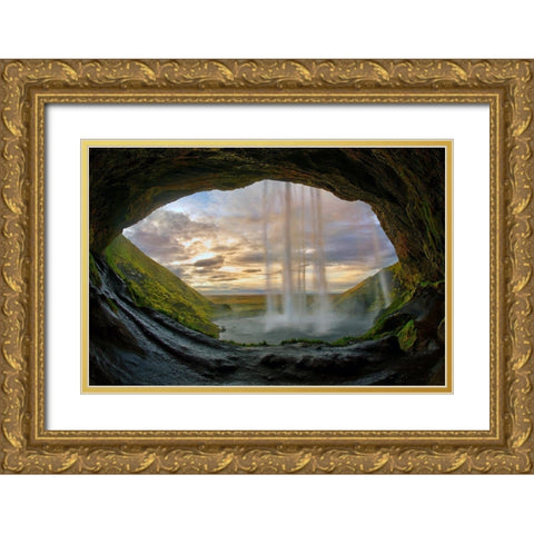 Seljalandsfoss waterfall on the southern coast of Iceland Gold Ornate Wood Framed Art Print with Double Matting by Steve Mohlenkamp