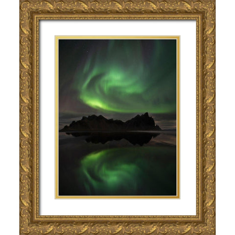Northern Lights above Vestrahorn beach near Hofn in the southeast of Iceland Gold Ornate Wood Framed Art Print with Double Matting by Steve Mohlenkamp