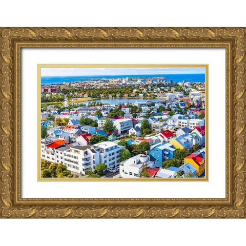 Small Tjornin Lake blue Ocean Sea Colorful blue red white green Houses Streets-Reykjavik-Iceland Gold Ornate Wood Framed Art Print with Double Matting by Perry, William