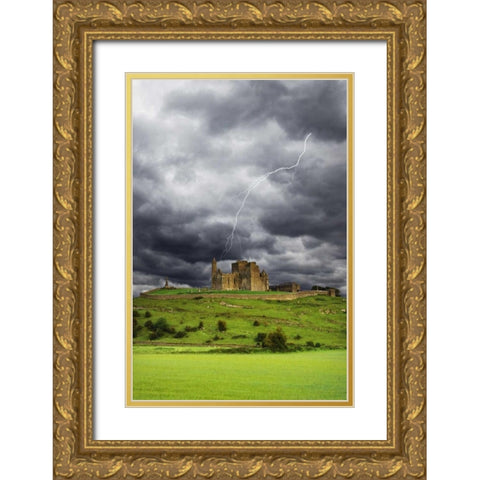 Ireland, Tipperary Lightning over Rock of Cashel Gold Ornate Wood Framed Art Print with Double Matting by Flaherty, Dennis