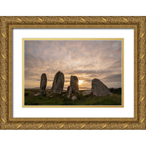 Europe-Ireland-Waterville-Eightercua stone row a sunset Gold Ornate Wood Framed Art Print with Double Matting by Jaynes Gallery