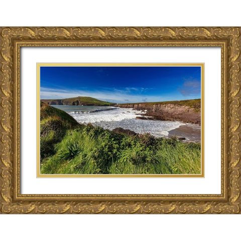 Waves crash into cliffs at Binn Ban Beach near Dingle-Ireland Gold Ornate Wood Framed Art Print with Double Matting by Haney, Chuck