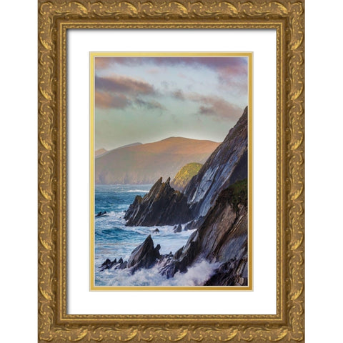 Waves crash into cliffs on Dunmore Head with Blasket Islands on the Dingle Peninsula-Ireland Gold Ornate Wood Framed Art Print with Double Matting by Haney, Chuck