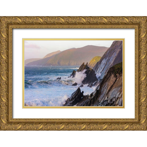 Waves crash into cliffs on Dunmore Head with Blasket Islands on the Dingle Peninsula-Ireland Gold Ornate Wood Framed Art Print with Double Matting by Haney, Chuck