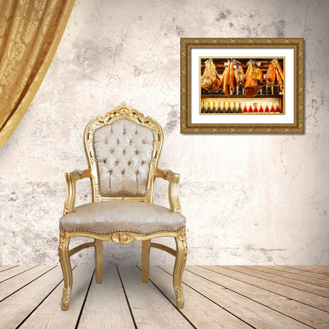 Italy-Rome Piazza della Rotunda-meat (hams) and wine for sale at Salami Antica Gold Ornate Wood Framed Art Print with Double Matting by Jones, Alison