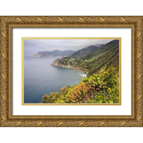 Italy, Cinque Terre Coastal shoreline lookout Gold Ornate Wood Framed Art Print with Double Matting by Flaherty, Dennis