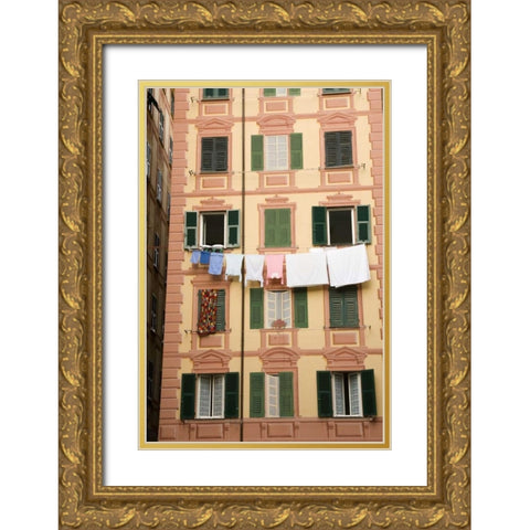 Italy, Camogli Laundry hangs across a building Gold Ornate Wood Framed Art Print with Double Matting by Kaveney, Wendy