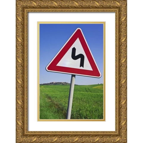 Italy, Tuscany, Pienza Road sign warning Gold Ornate Wood Framed Art Print with Double Matting by Flaherty, Dennis