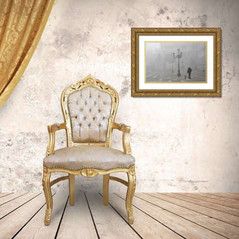 Italy, Venice A man walks his dog in fog Gold Ornate Wood Framed Art Print with Double Matting by Kaveney, Wendy