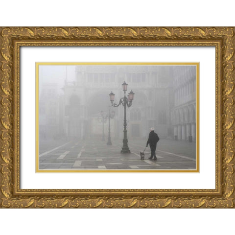 Italy, Venice A man walks his dog in fog Gold Ornate Wood Framed Art Print with Double Matting by Kaveney, Wendy