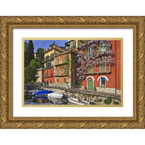 Italy, Varenna Boats moored in village harbor Gold Ornate Wood Framed Art Print with Double Matting by Flaherty, Dennis