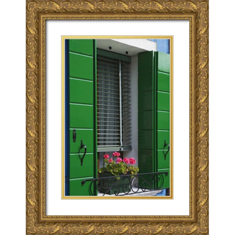 Italy, Venice Flowerbox and window shutters Gold Ornate Wood Framed Art Print with Double Matting by Flaherty, Dennis