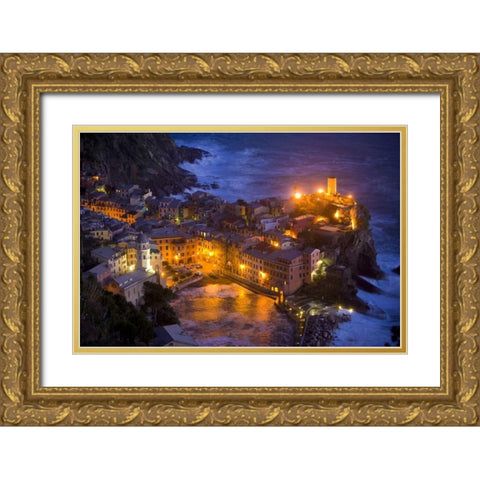 Italy, Vernazza, Cinque Terra City lit at night Gold Ornate Wood Framed Art Print with Double Matting by Zuckerman, Jim