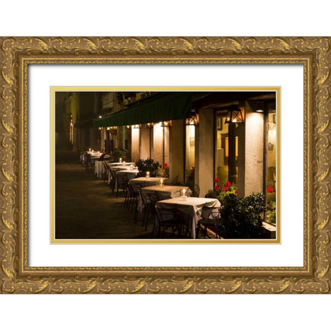 Italy, Venice Restaurant tables lit at night Gold Ornate Wood Framed Art Print with Double Matting by Young, Bill