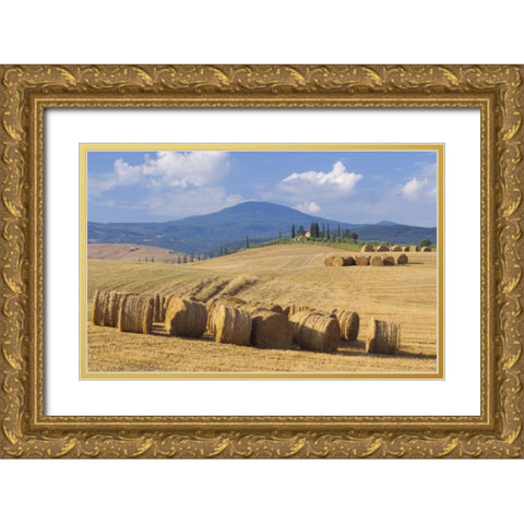 Italy, San Quirico dOrcia Bales of hay and farm Gold Ornate Wood Framed Art Print with Double Matting by Delisle, Gilles