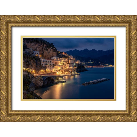Europe-Italy-Atrani-Sunset on town and Amalfi Coast Gold Ornate Wood Framed Art Print with Double Matting by Jaynes Gallery