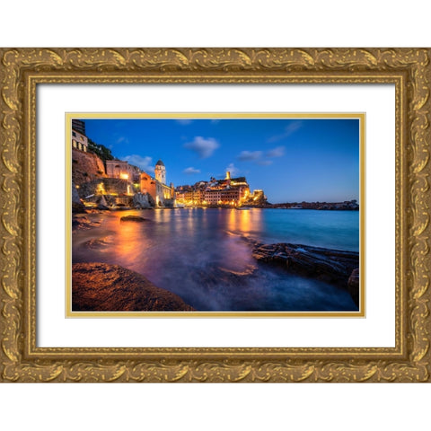 Europe-Italy-Vernazza-Landscape with village and ocean at sunset Gold Ornate Wood Framed Art Print with Double Matting by Jaynes Gallery