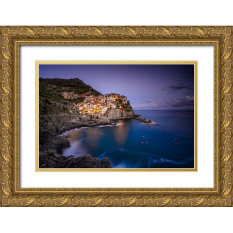 Europe-Italy-Manarola-Sunset coastline with town and ocean Gold Ornate Wood Framed Art Print with Double Matting by Jaynes Gallery