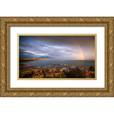 Europe-Italy-Naples-Overview of city and Mt-Vesuvius with rainbow Gold Ornate Wood Framed Art Print with Double Matting by Jaynes Gallery