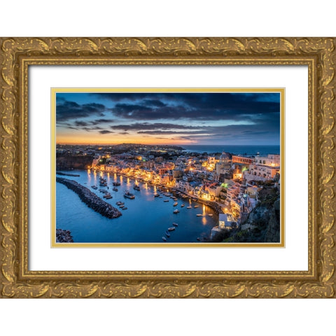 Europe-Italy-Procida-Overview of city and Marina Corricella at sunset Gold Ornate Wood Framed Art Print with Double Matting by Jaynes Gallery
