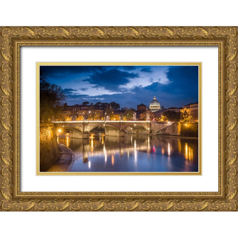 Europe-Italy-Rome-Dome of Sistine Chapel with Tiber River and bridge lit at sunset Gold Ornate Wood Framed Art Print with Double Matting by Jaynes Gallery