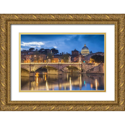Europe-Italy-Rome-Dome of Sistine Chapel with Tiber River and bridge lit at sunset Gold Ornate Wood Framed Art Print with Double Matting by Jaynes Gallery