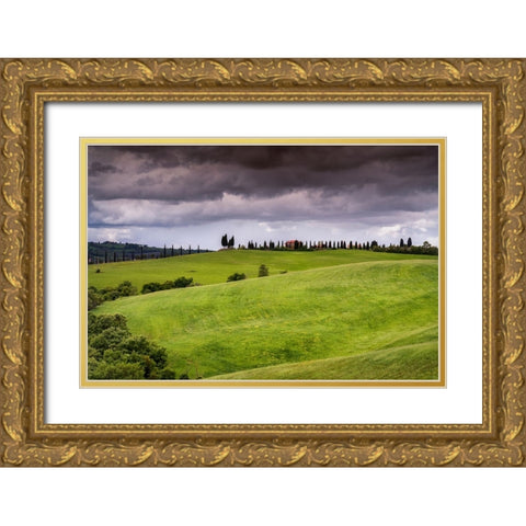 Europe-Italy-Tuscany-Val d Orcia-Farmland under stormy sky Gold Ornate Wood Framed Art Print with Double Matting by Jaynes Gallery