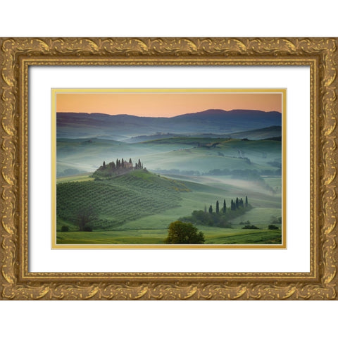 Europe-Italy-Tuscany-Val d Orcia-Belvedere farmhouse at sunrise Gold Ornate Wood Framed Art Print with Double Matting by Jaynes Gallery