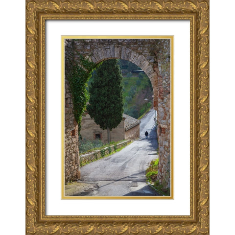 Europe-Italy-Tuscany-Val d Orcia-Lone person walking on rural road Gold Ornate Wood Framed Art Print with Double Matting by Jaynes Gallery