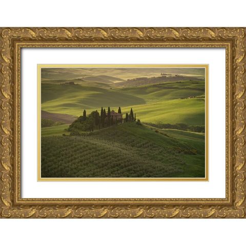 Europe-Italy-Tuscany-Val dOrcia-Belvedere farmhouse at sunrise  Gold Ornate Wood Framed Art Print with Double Matting by Jaynes Gallery