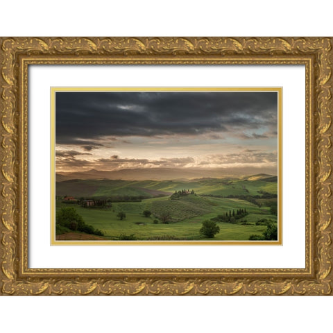 Europe-Italy-Tuscany-Val d Orcia-Belvedere farmhouse at sunrise Gold Ornate Wood Framed Art Print with Double Matting by Jaynes Gallery