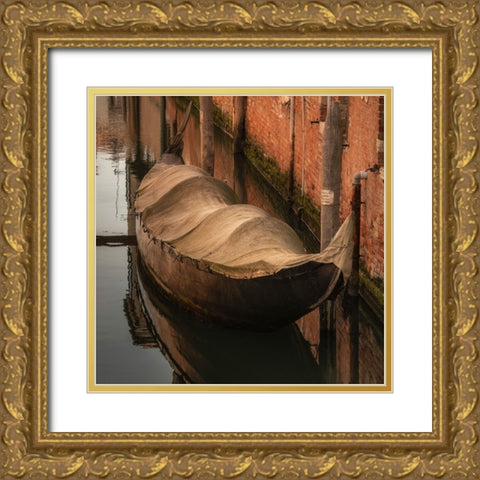 Europe-Italy-Venice-Covered old gondola on canal Gold Ornate Wood Framed Art Print with Double Matting by Jaynes Gallery