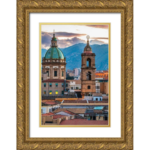 Palermo Province-Palermo The dome and bell tower of the baroque Chiesa del Gesu Gold Ornate Wood Framed Art Print with Double Matting by Wilson, Emily