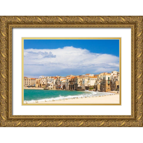 Palermo Province-Cefalu The beach on the Mediterranean Sea in the town of Cefalu Gold Ornate Wood Framed Art Print with Double Matting by Wilson, Emily