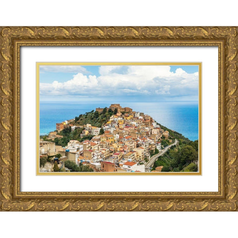 Messina Province-Caronia The medieval hilltop town Caronia-built around a Norman castle Gold Ornate Wood Framed Art Print with Double Matting by Wilson, Emily