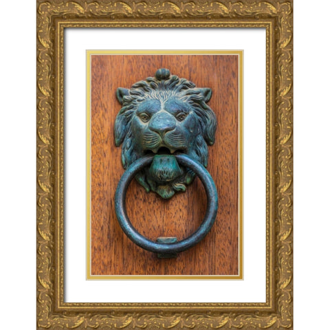Messina Province-Caronia A bronze door knocker in the shape of a lion-in the medieval town Gold Ornate Wood Framed Art Print with Double Matting by Wilson, Emily
