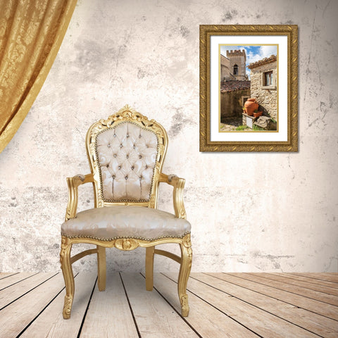 Messina Province-Montalbano Elicona Terra cotta urns next to old stone building Gold Ornate Wood Framed Art Print with Double Matting by Wilson, Emily