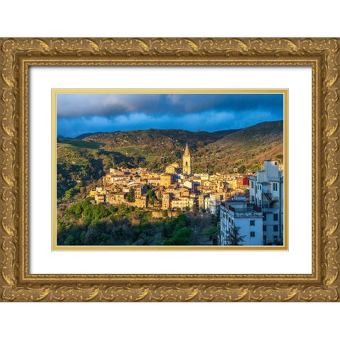 Messina Province-Novara di Sicilia The medieval hill town of Novara di Sicilia at sunset Gold Ornate Wood Framed Art Print with Double Matting by Wilson, Emily
