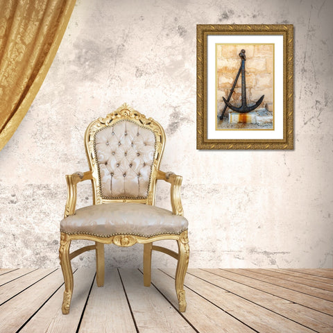 Italy-Apulia-Metropolitan City of Bari-Giovinazzo Old rusted anchor in front of a stone wall Gold Ornate Wood Framed Art Print with Double Matting by Wilson, Emily