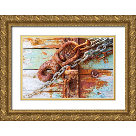 Rusty lock and chain on light blue wood Gold Ornate Wood Framed Art Print with Double Matting by Wilson, Emily