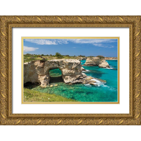 Italy-Apulia-Province of Lecce-Melendugno Torre SantAndrea Eroded limestone cliffs Gold Ornate Wood Framed Art Print with Double Matting by Wilson, Emily