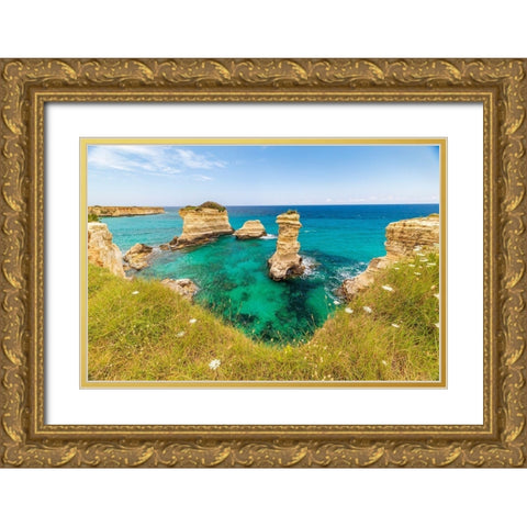 Italy-Apulia-Province of Lecce-Melendugno The Faraglioni of Torre SantAndrea Gold Ornate Wood Framed Art Print with Double Matting by Wilson, Emily