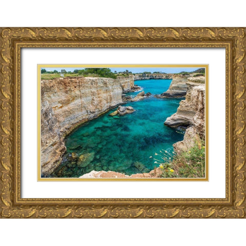 Italy-Apulia-Province of Lecce-Melendugno The Faraglioni of Torre SantAndrea Gold Ornate Wood Framed Art Print with Double Matting by Wilson, Emily